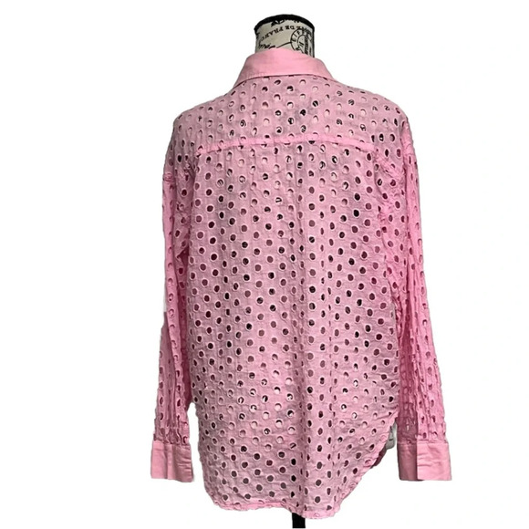 Lena Pink Sheer Eyelet Crochet Button Up Blouse Barbie Preppy Coastal M Y2k - Picture 5 of 12